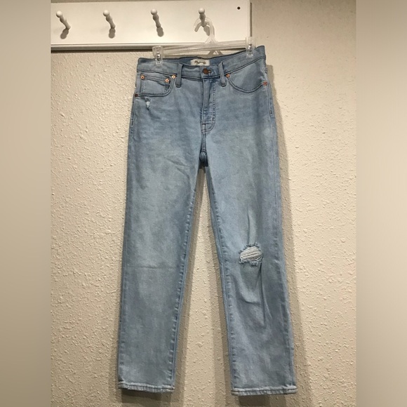 Madewell Wellingford Wash Mid-Rise Straight Jeans Size 27 Knee-Rip Edition Denim - Picture 5 of 8